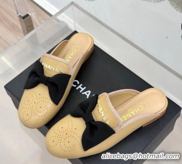Perfect Chanel Lambskin Flat Mules with Bow Beige 2025 CH041613