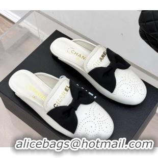 Most Popular Chanel Lambskin Flat Mules with Bow White 2025 CH041613