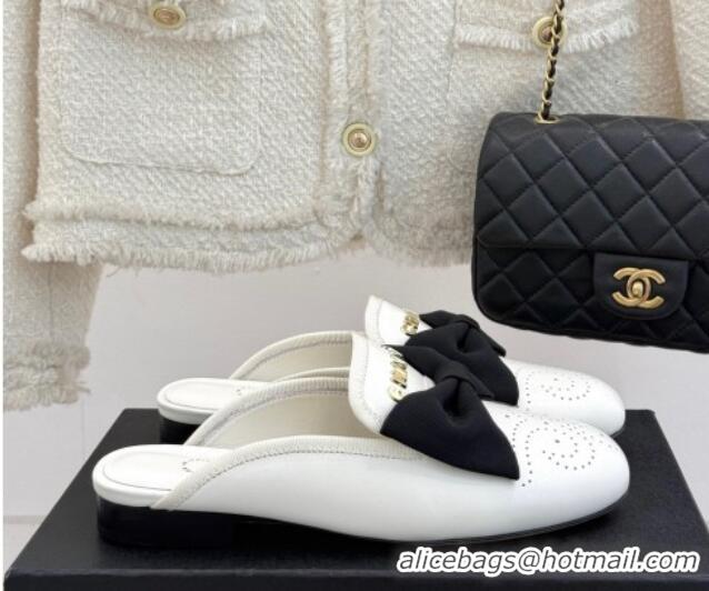 Most Popular Chanel Lambskin Flat Mules with Bow White 2025 CH041613