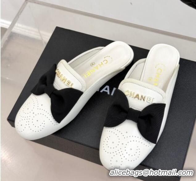 Most Popular Chanel Lambskin Flat Mules with Bow White 2025 CH041613
