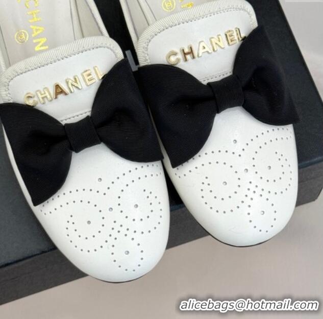 Most Popular Chanel Lambskin Flat Mules with Bow White 2025 CH041613