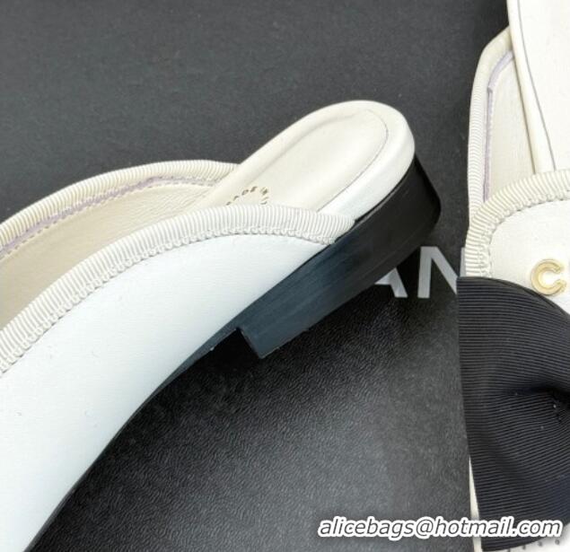 Most Popular Chanel Lambskin Flat Mules with Bow White 2025 CH041613