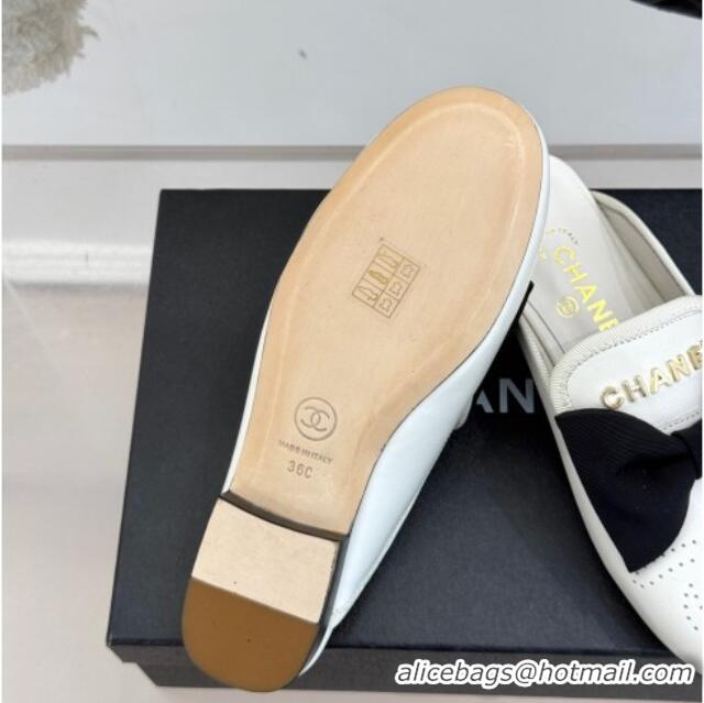 Most Popular Chanel Lambskin Flat Mules with Bow White 2025 CH041613