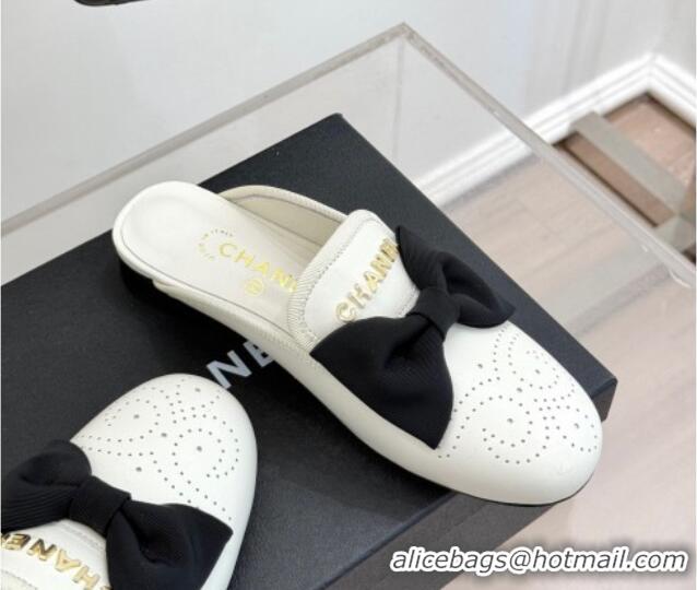Most Popular Chanel Lambskin Flat Mules with Bow White 2025 CH041613