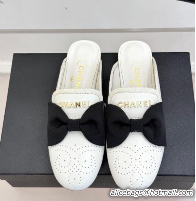 Most Popular Chanel Lambskin Flat Mules with Bow White 2025 CH041613