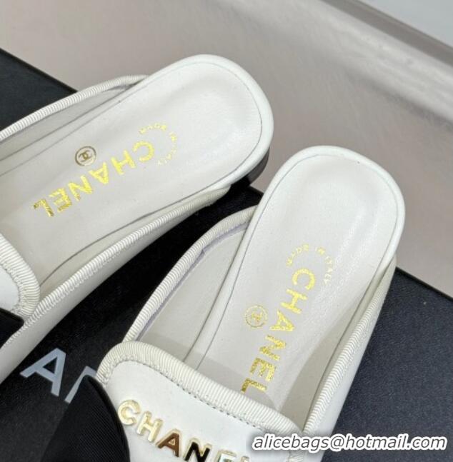 Most Popular Chanel Lambskin Flat Mules with Bow White 2025 CH041613