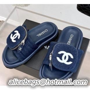 Best Grade Chanel Denim Pillow Slides Sandal with Zip Pouch Navy Blue 2025 CH041614