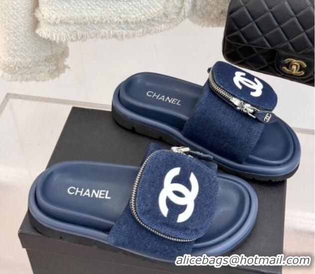 Best Grade Chanel Denim Pillow Slides Sandal with Zip Pouch Navy Blue 2025 CH041614