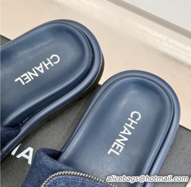 Best Grade Chanel Denim Pillow Slides Sandal with Zip Pouch Navy Blue 2025 CH041614