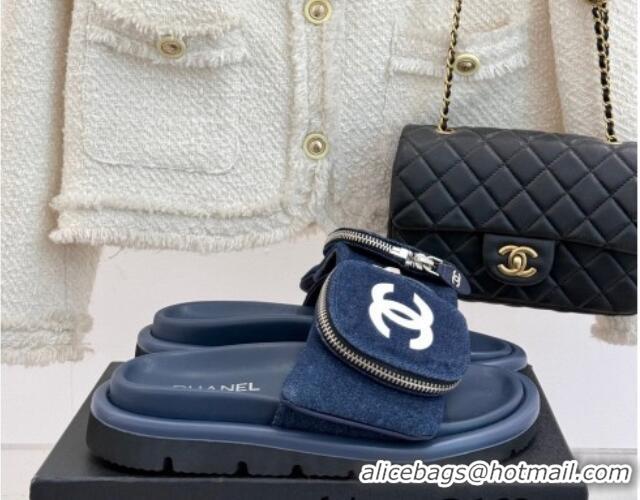 Best Grade Chanel Denim Pillow Slides Sandal with Zip Pouch Navy Blue 2025 CH041614