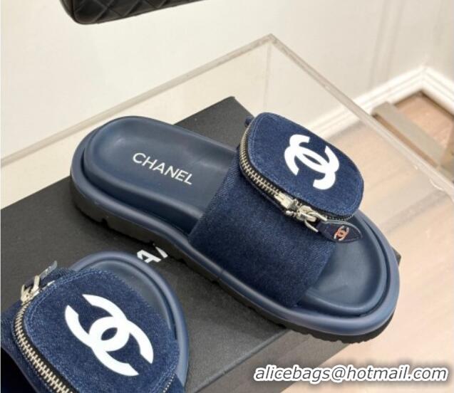 Best Grade Chanel Denim Pillow Slides Sandal with Zip Pouch Navy Blue 2025 CH041614