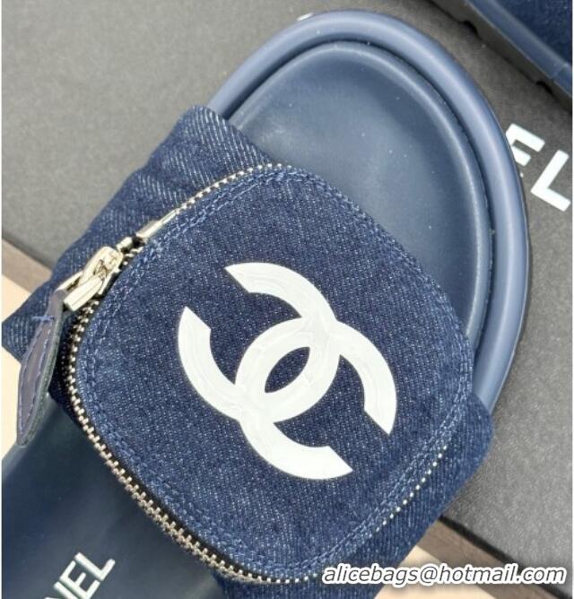 Best Grade Chanel Denim Pillow Slides Sandal with Zip Pouch Navy Blue 2025 CH041614