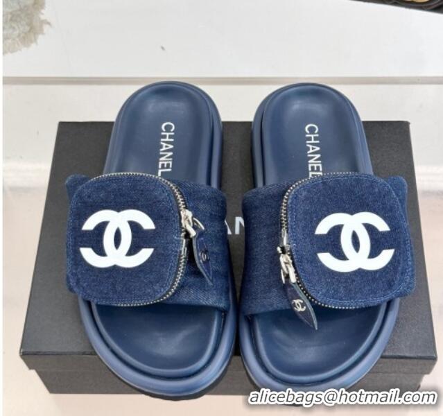 Best Grade Chanel Denim Pillow Slides Sandal with Zip Pouch Navy Blue 2025 CH041614