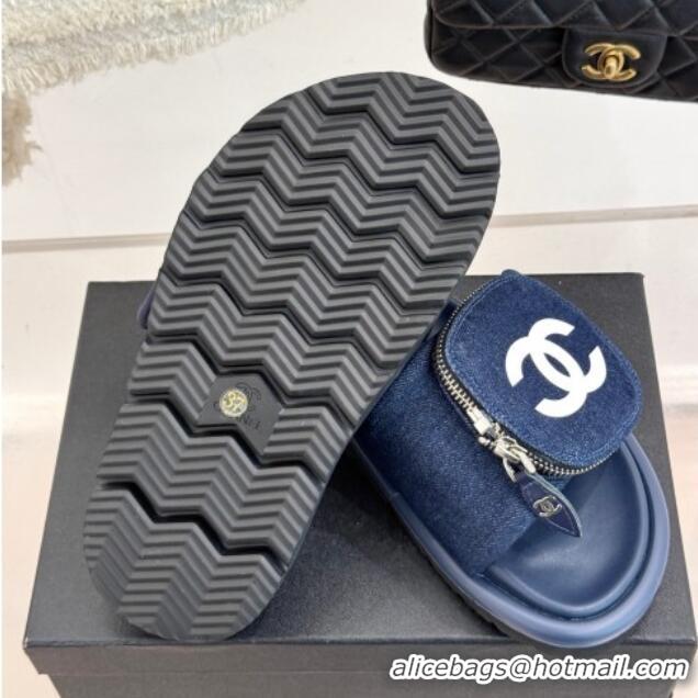 Best Grade Chanel Denim Pillow Slides Sandal with Zip Pouch Navy Blue 2025 CH041614