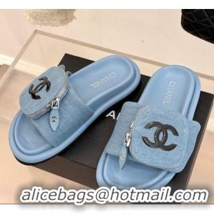 Pretty Style Chanel Denim Pillow Slides Sandal with Zip Pouch Light Blue 2025 CH041614