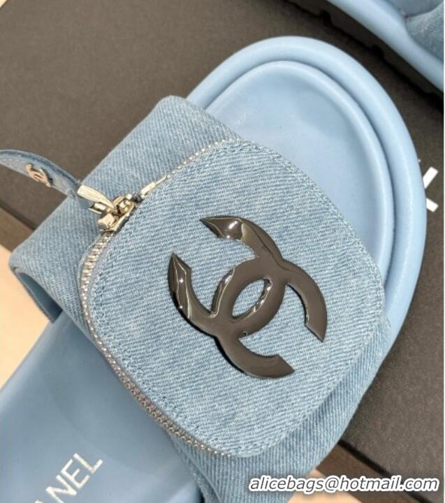 Pretty Style Chanel Denim Pillow Slides Sandal with Zip Pouch Light Blue 2025 CH041614