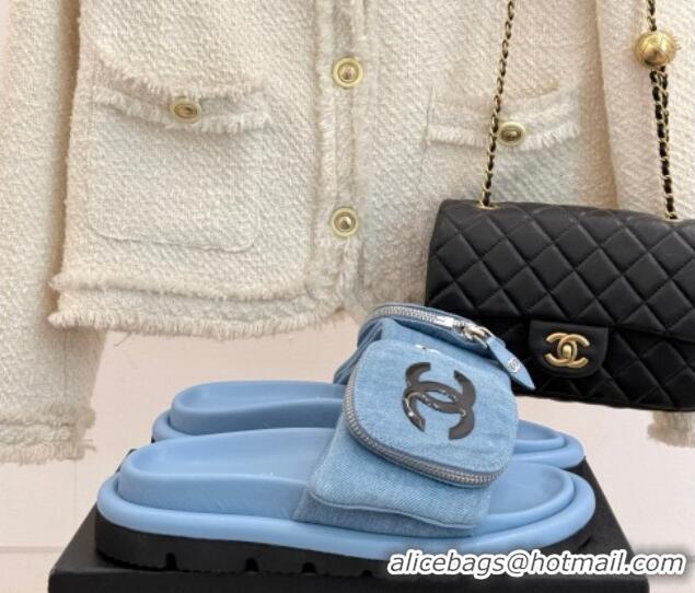 Pretty Style Chanel Denim Pillow Slides Sandal with Zip Pouch Light Blue 2025 CH041614