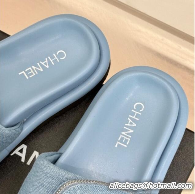 Pretty Style Chanel Denim Pillow Slides Sandal with Zip Pouch Light Blue 2025 CH041614