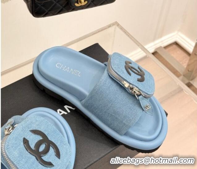 Pretty Style Chanel Denim Pillow Slides Sandal with Zip Pouch Light Blue 2025 CH041614