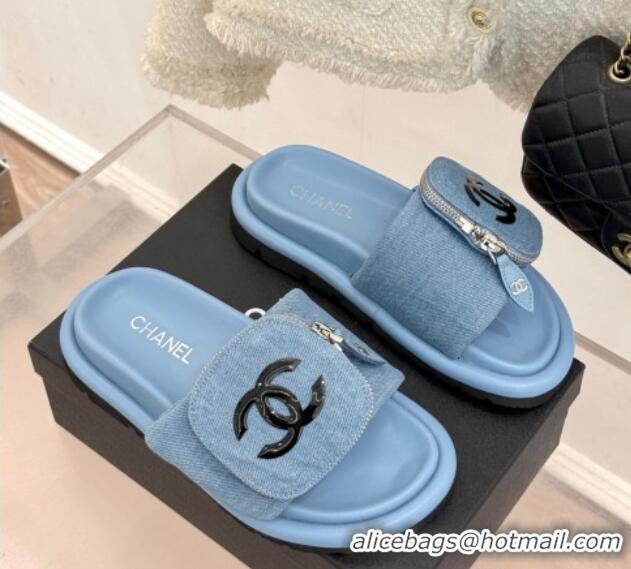 Pretty Style Chanel Denim Pillow Slides Sandal with Zip Pouch Light Blue 2025 CH041614