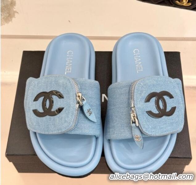 Pretty Style Chanel Denim Pillow Slides Sandal with Zip Pouch Light Blue 2025 CH041614