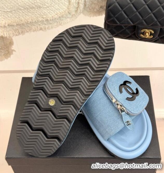 Pretty Style Chanel Denim Pillow Slides Sandal with Zip Pouch Light Blue 2025 CH041614