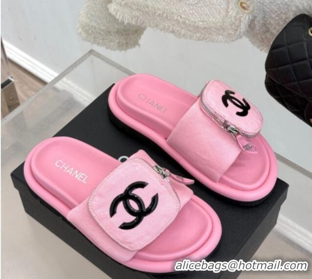 Hot Style Chanel Canvas Pillow Slides Sandal with Zip Pouch Light Pink 2025 CH041614