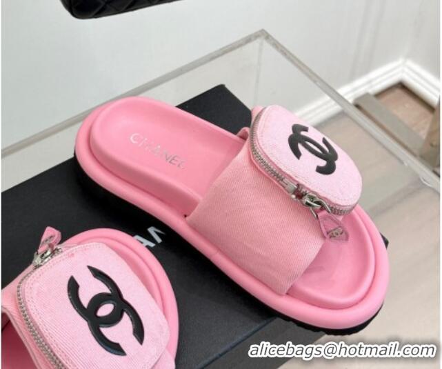 Hot Style Chanel Canvas Pillow Slides Sandal with Zip Pouch Light Pink 2025 CH041614