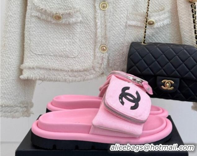 Hot Style Chanel Canvas Pillow Slides Sandal with Zip Pouch Light Pink 2025 CH041614