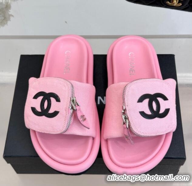 Hot Style Chanel Canvas Pillow Slides Sandal with Zip Pouch Light Pink 2025 CH041614