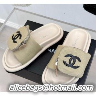 Top Grade Chanel Canvas Pillow Slides Sandal with Zip Pouch Beige 2025 CH041614