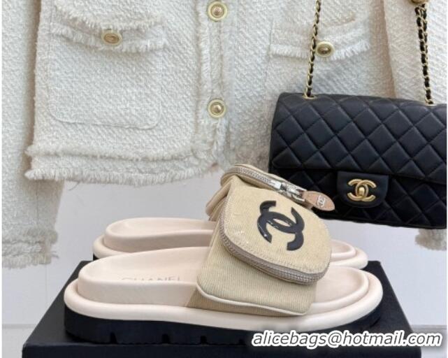 Top Grade Chanel Canvas Pillow Slides Sandal with Zip Pouch Beige 2025 CH041614