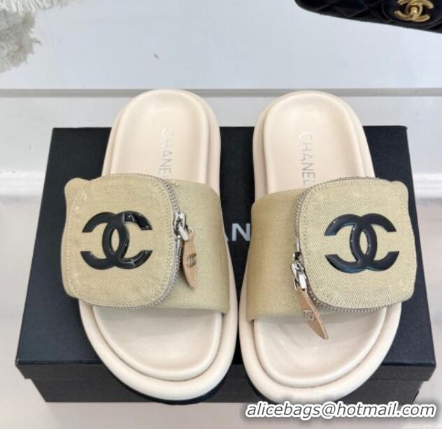Top Grade Chanel Canvas Pillow Slides Sandal with Zip Pouch Beige 2025 CH041614