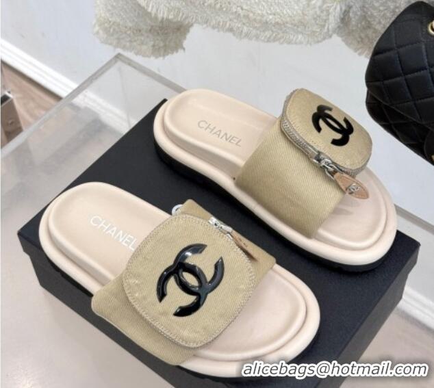 Top Grade Chanel Canvas Pillow Slides Sandal with Zip Pouch Beige 2025 CH041614