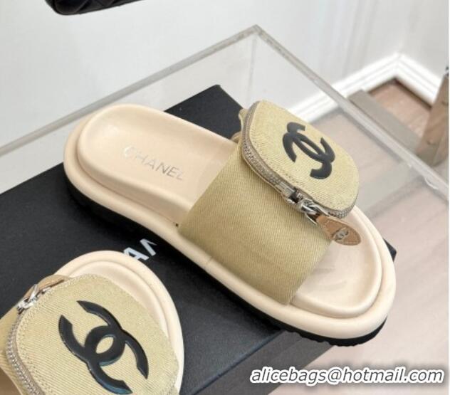 Top Grade Chanel Canvas Pillow Slides Sandal with Zip Pouch Beige 2025 CH041614