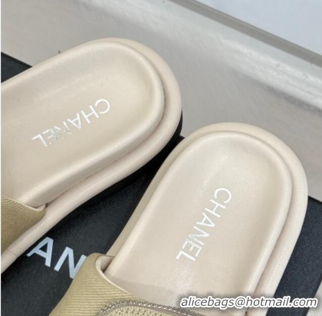Top Grade Chanel Canvas Pillow Slides Sandal with Zip Pouch Beige 2025 CH041614