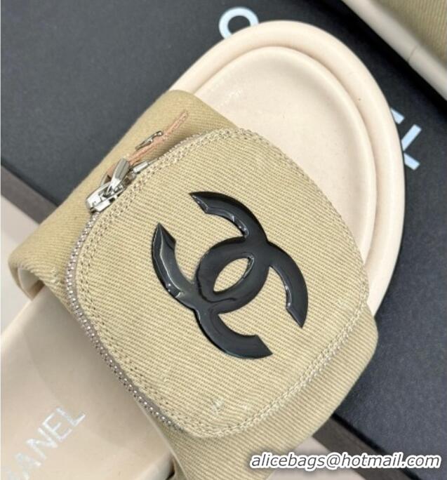 Top Grade Chanel Canvas Pillow Slides Sandal with Zip Pouch Beige 2025 CH041614