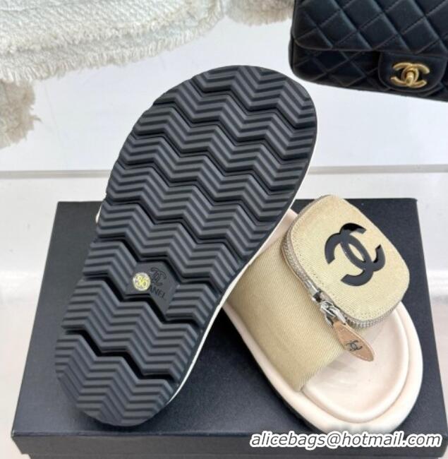 Top Grade Chanel Canvas Pillow Slides Sandal with Zip Pouch Beige 2025 CH041614