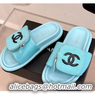 Unique Style Chanel Canvas Pillow Slides Sandal with Zip Pouch Light Blue 2025 CH041614