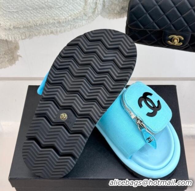 Unique Style Chanel Canvas Pillow Slides Sandal with Zip Pouch Light Blue 2025 CH041614