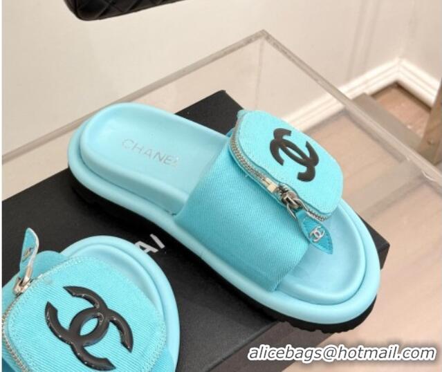 Unique Style Chanel Canvas Pillow Slides Sandal with Zip Pouch Light Blue 2025 CH041614