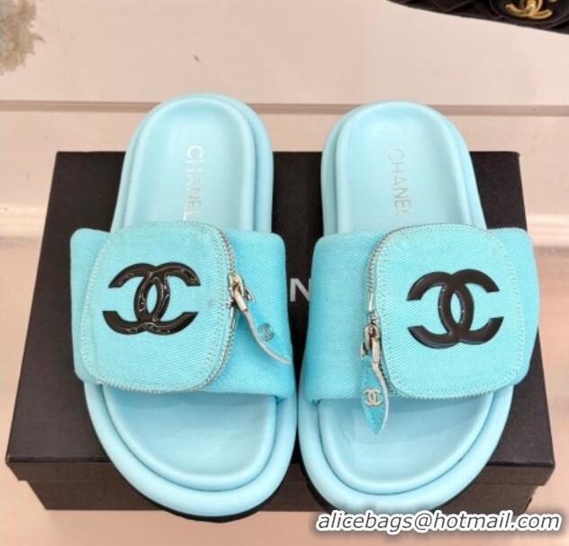 Unique Style Chanel Canvas Pillow Slides Sandal with Zip Pouch Light Blue 2025 CH041614