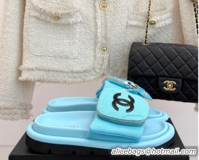 Unique Style Chanel Canvas Pillow Slides Sandal with Zip Pouch Light Blue 2025 CH041614