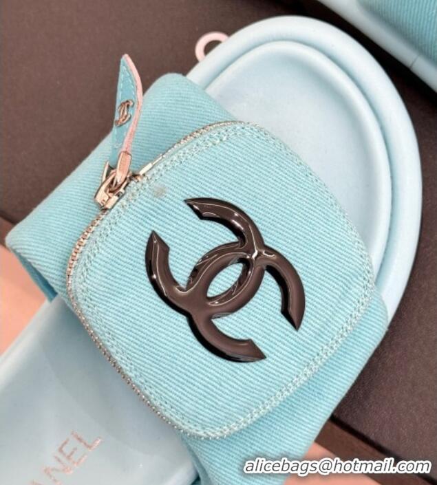 Unique Style Chanel Canvas Pillow Slides Sandal with Zip Pouch Light Blue 2025 CH041614
