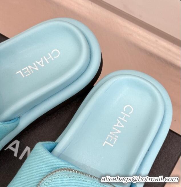 Unique Style Chanel Canvas Pillow Slides Sandal with Zip Pouch Light Blue 2025 CH041614