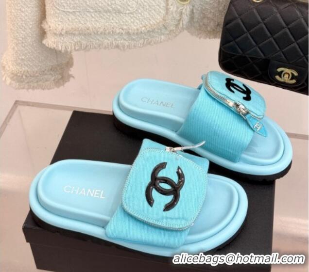 Unique Style Chanel Canvas Pillow Slides Sandal with Zip Pouch Light Blue 2025 CH041614