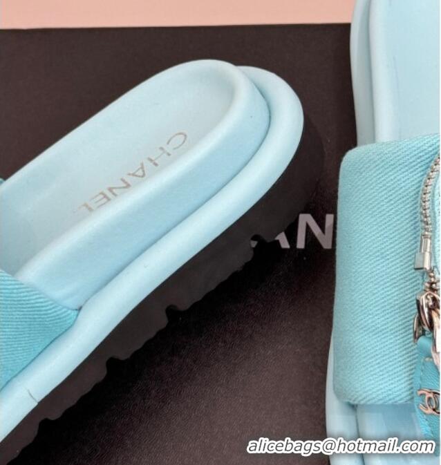 Unique Style Chanel Canvas Pillow Slides Sandal with Zip Pouch Light Blue 2025 CH041614