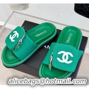 Top Design Chanel Canvas Pillow Slides Sandal with Zip Pouch Green 2025 CH041614