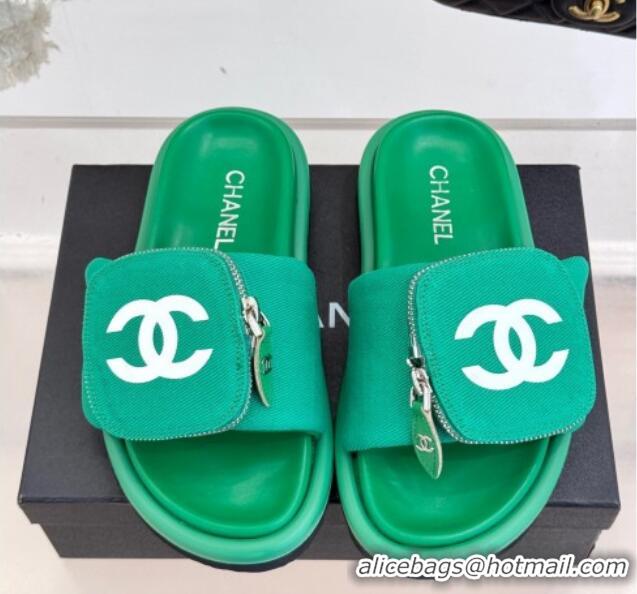 Top Design Chanel Canvas Pillow Slides Sandal with Zip Pouch Green 2025 CH041614