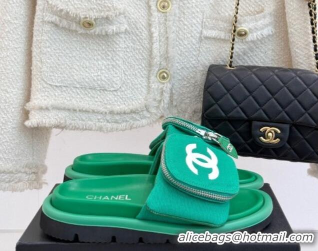 Top Design Chanel Canvas Pillow Slides Sandal with Zip Pouch Green 2025 CH041614